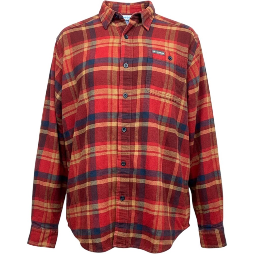 Columbia Mens Large Red Plaid Flannel Button Up Shirt Long Sleeve